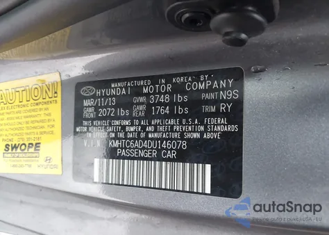 2013 Hyundai Veloster Base W/Black z USA, uszkodzony, nr VIN KMHTC6AD4DU146078